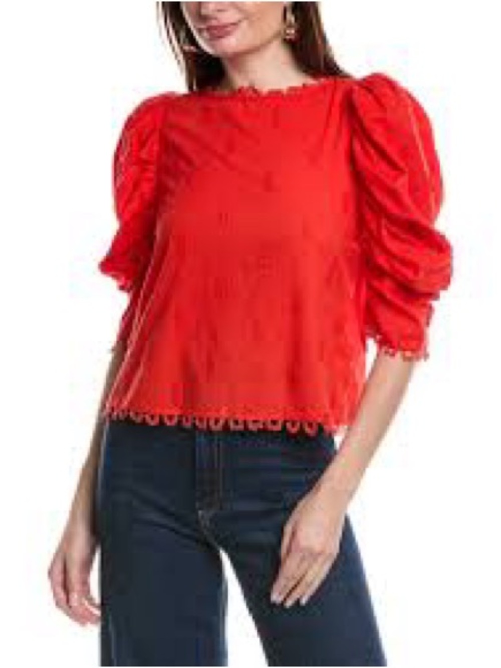 FARM Rio Red Puff-Sleeve with 3D Pineapple Appliqué and Eyelet Trim